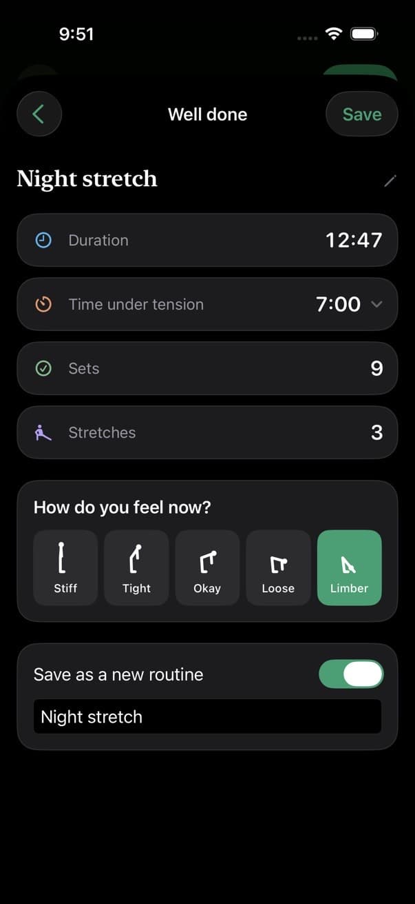 The session summary with duration, time under tension and a feeling check-in