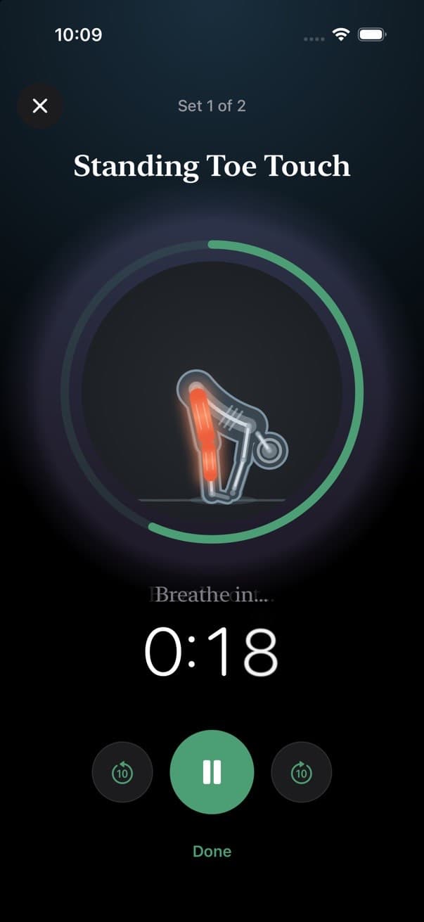A guided hold of Standing Toe Touch with a timer ring and a breathing prompt