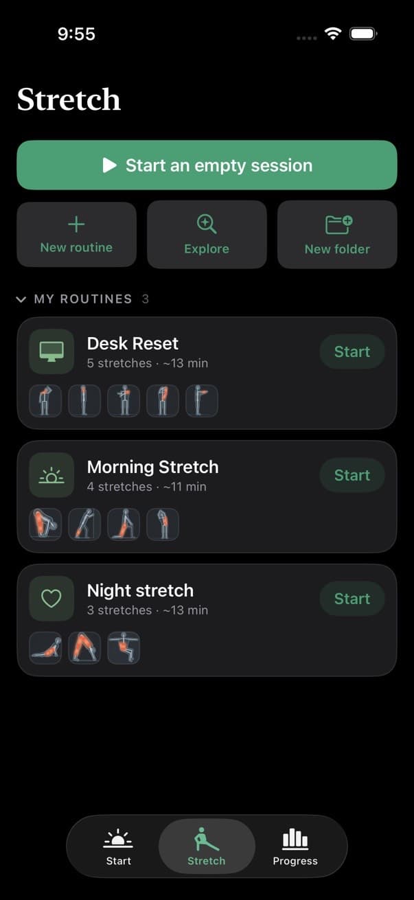 The Stretch tab listing saved routines with their stretches
