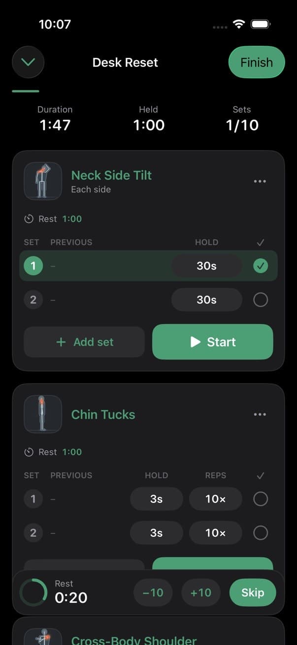 A live session of the Desk Reset routine, with sets, holds and a rest timer
